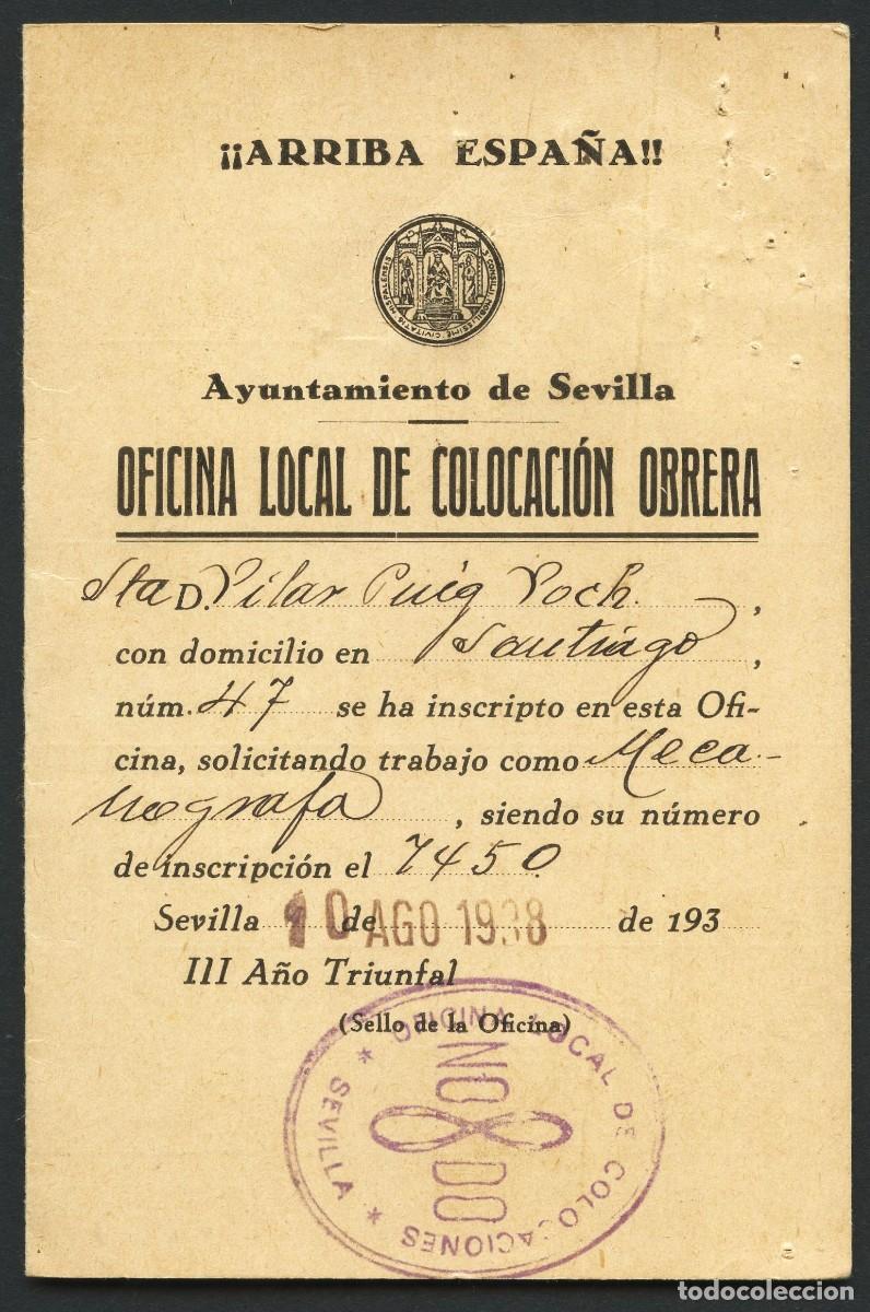 Militaria: GUERRA CIVIL, CARNET, AYUNTAMIENTO DE SEVILLA, COLOCACI&Oacute;N OBRERA, SEVILLA, 1938