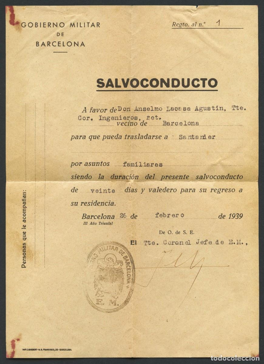 Military Antiques: GUERRA CIVIL, SALVOCONDUCTO, GOBIERNO MILITAR DE BARCELONA, 1939