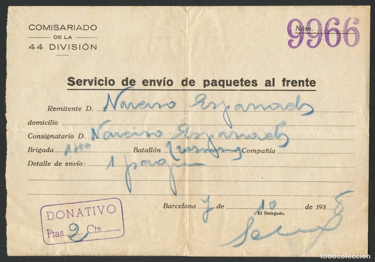 Militaria: GUERRA CIVIL, DOCUMENTO, RECIBO, COMISARIO DE LA 44 DIVISI&Oacute;N, 1938