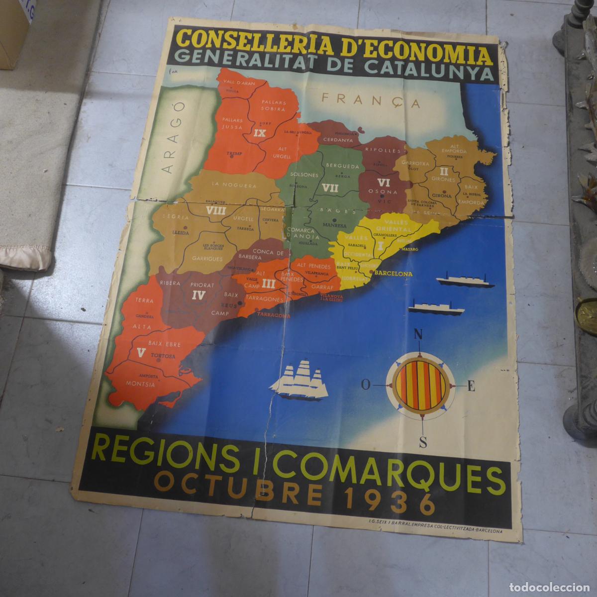 Militaria: Antiguo gran cartel original republicano catalan de octubre 1936, guerra civil: Regions i comarques.