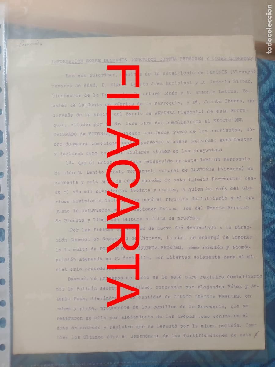 Militaria: Lemoniz, Vizcaya. Documento de la guerra civil 1938. Da&ntilde;os contra personas y cosas sagradas