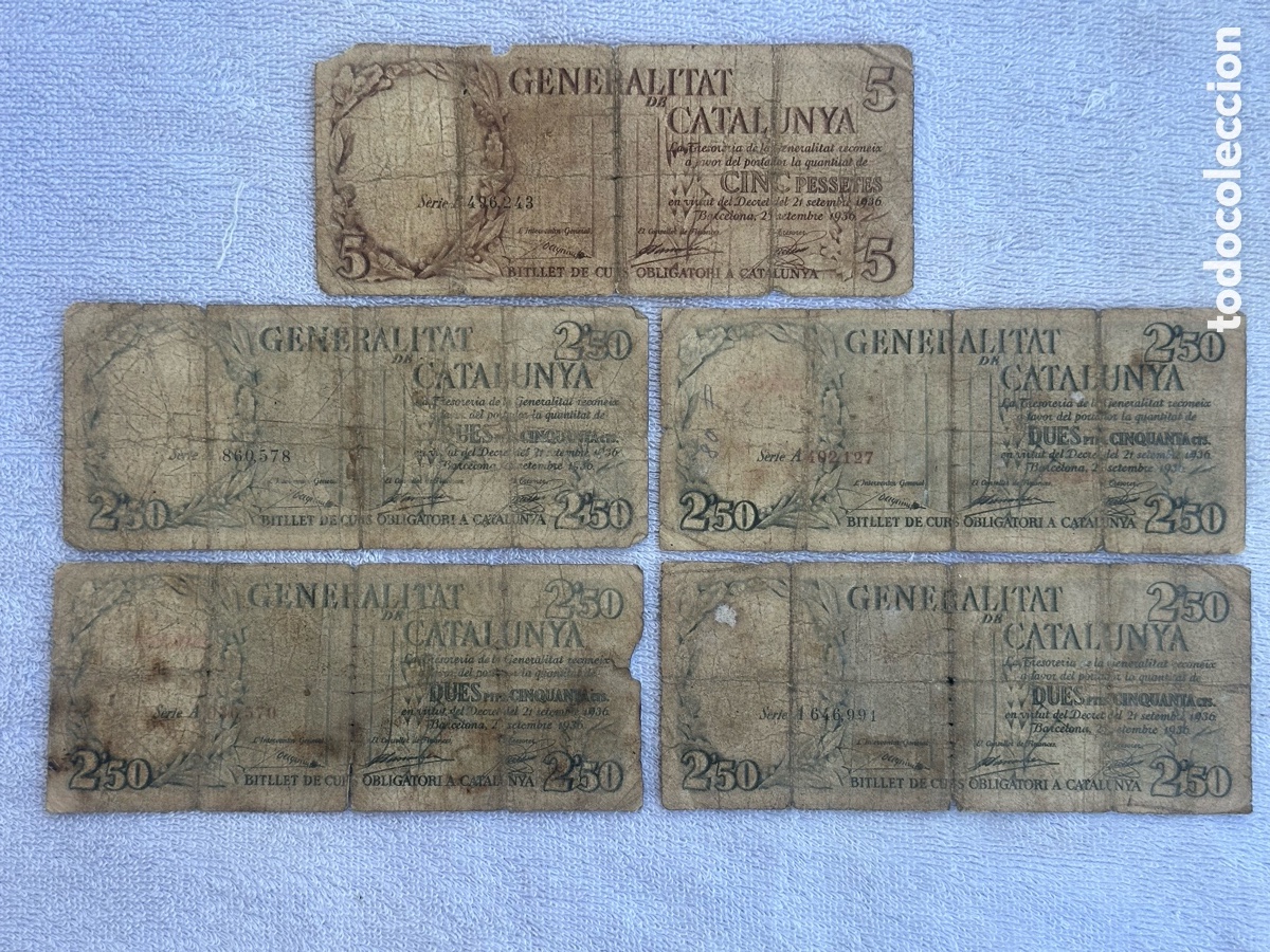 Militaria: LOTE DE 5 ANTIGUOS BILLETES REPUBLICANOS DE LA GENERALITAT DE CATALUNYA DE 5 Y DE 2,5 GUERRA CIVIL
