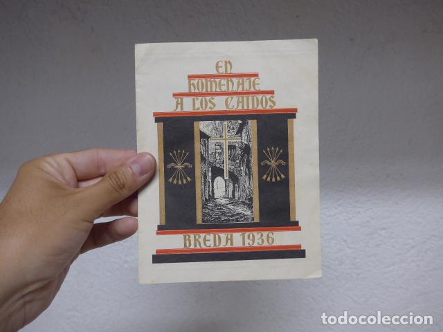 Militaria: Antiguo documento Homenaje a los caidos de Breda (Girona) de 1936, original, Guerra civil