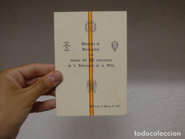 Militaria: Antiguo documento del Almuerzo Hermandad XXVI aniversario de liberacion de Masnou (Barcelona)