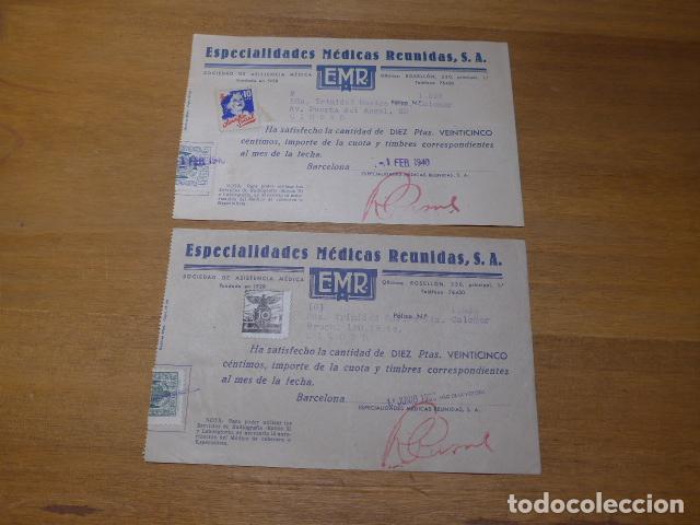 Militaria: Lote 2 antigua factura medica con sellos vi&ntilde;etas, guerra civil. Falange Barcelona, 1939-1940