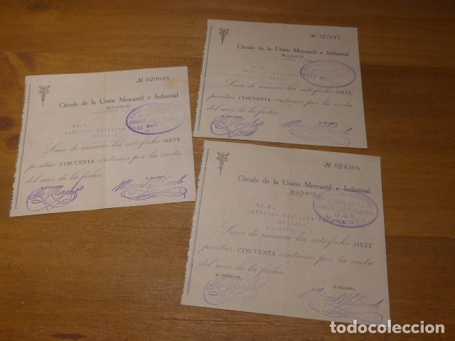 Militaria: Lote 3 antiguos recibo de UGT con sellos tampon de 1938. Union mercantil y industrial. Guerra civil