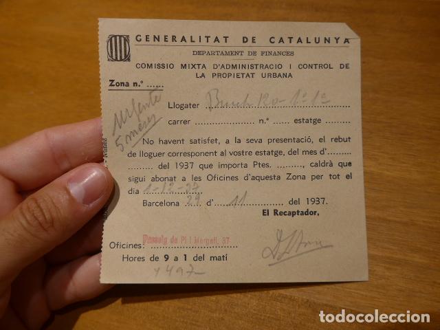 Militaria: Antiguo documento de 1937 de la Generalitat de Catalunya de un alquiler. Guerra Civil.