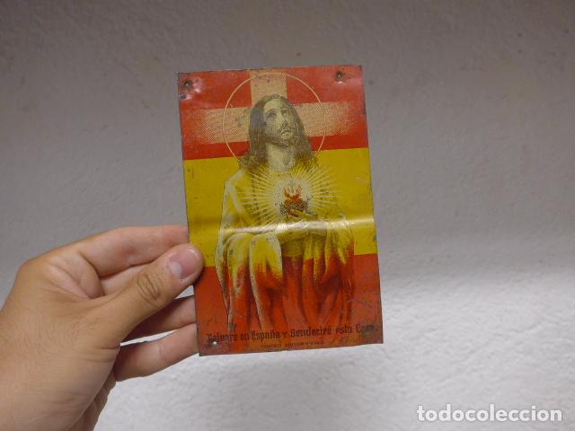Militaria: Antiguo placa serigrafiada religiosa detente metalico para casa. Bendecir&eacute; esta casa. Vigo.