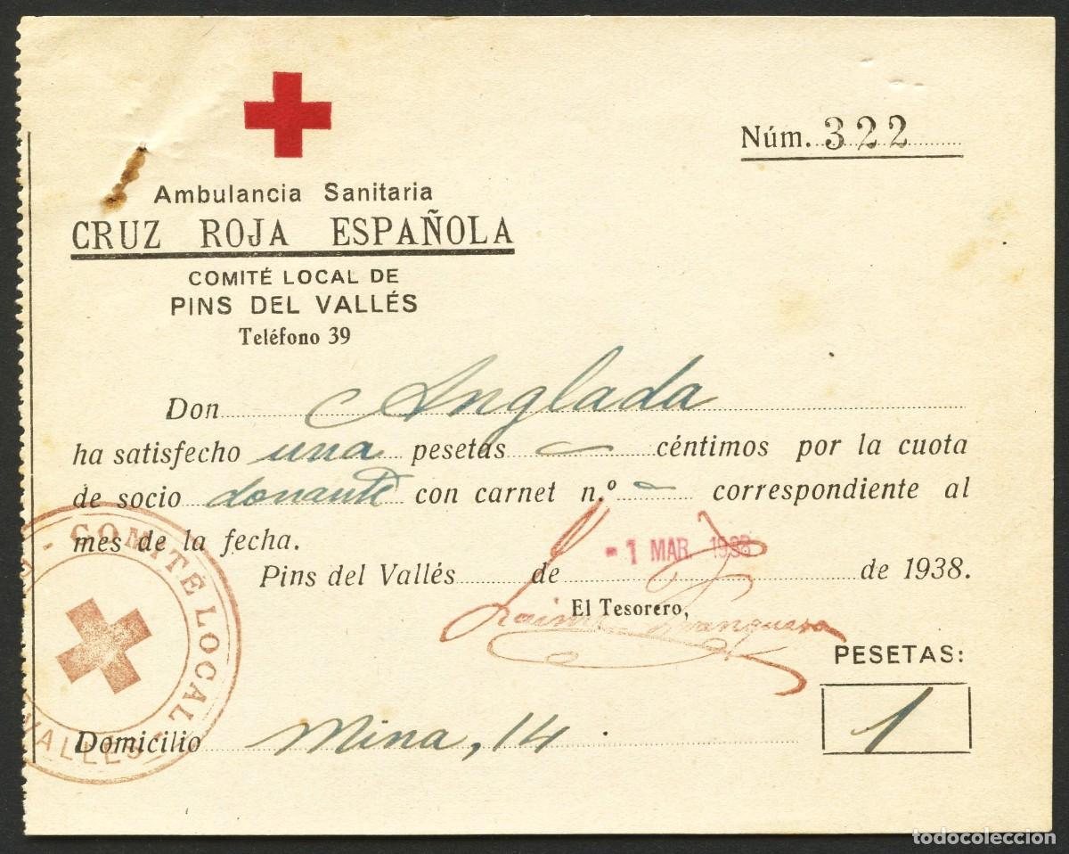 Militaria: GUERRA CIVIL, RECIBO, COMIT&Eacute; LOCAL CRUZ ROJA, PINS DEL VALL&Eacute;S, VALOR: 1 PTA, 1938