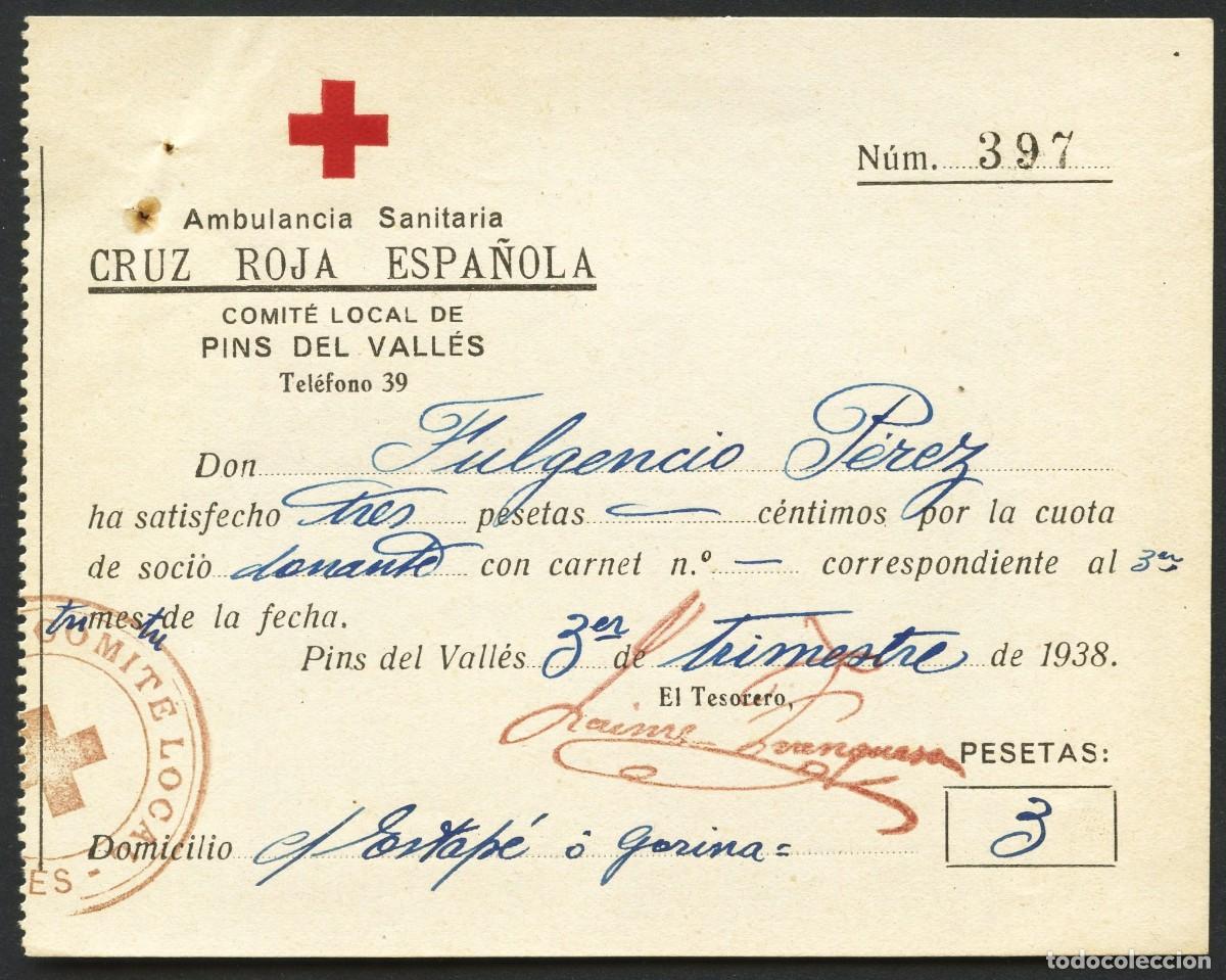 Militaria: GUERRA CIVIL, RECIBO, COMIT&Eacute; LOCAL CRUZ ROJA, PINS DEL VALL&Eacute;S, VALOR: 3 PTAS, 1938
