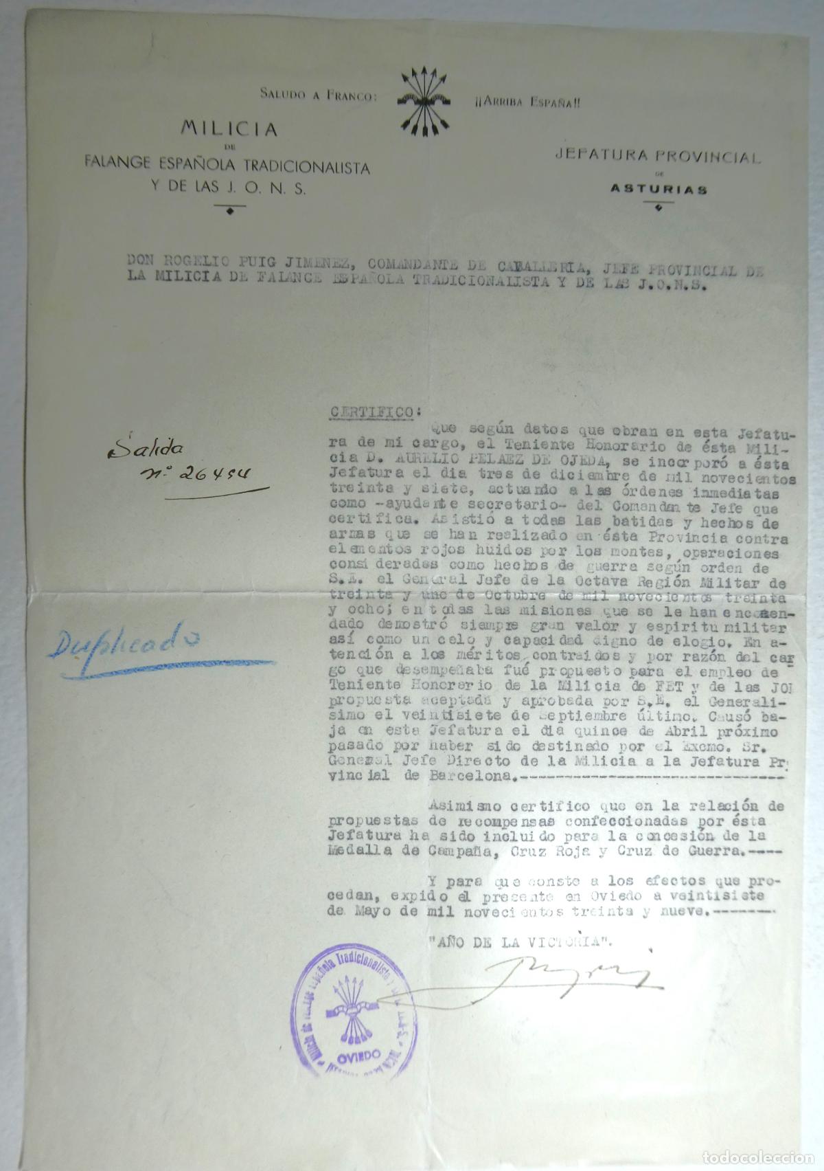 Militaria: Milicia de Falange Espa&ntilde;ola ,Jefatura provincial de Asturias 27/5/1937