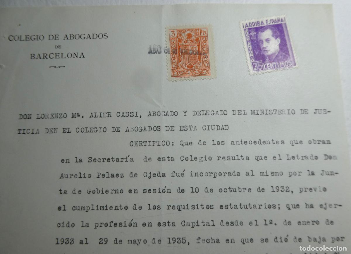 Militaria: Colegio de Abogados de Barcelona ,certificado 25/5/1939
