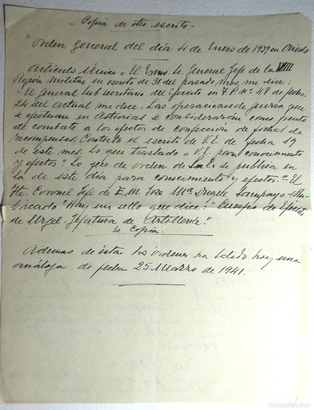Militaria: Orden General del dia 4 de Enero 1939 en Oviedo, consideraci&oacute;n frente de combate