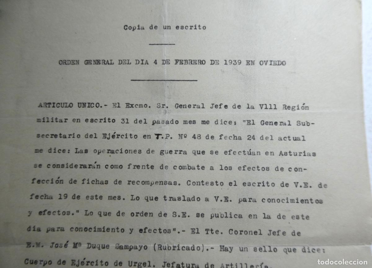 Militaria: Orden General del dia 4 de Febrero 1939 en Oviedo, consideraci&oacute;n frente de combate