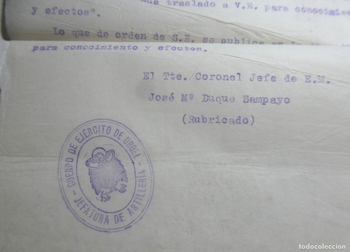 Militaria: Orden General del 4 de Febrero 1939 en Oviedo, Cuerpo de Ejercito de Urgel Jefatura de Artilleria