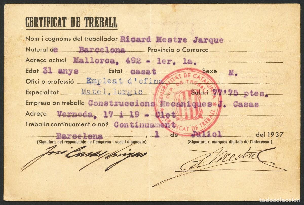 Militaria: GUERRA CIVIL, DOCUMENTO, CARNET, CERTIFICAT DE TREBALL, BARCELONA, 1937