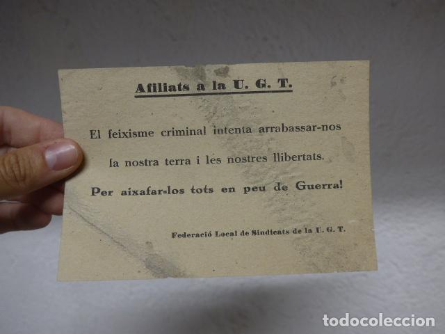 Militaria: Antiguo panfleto republicano de la UGT, en catalan. Guerra Civil
