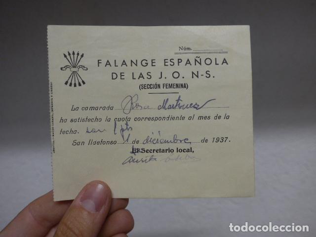 Military Antiques: Antiguo recibo de 1937 de Seccion femenina de Falange, original. Guerra civil.