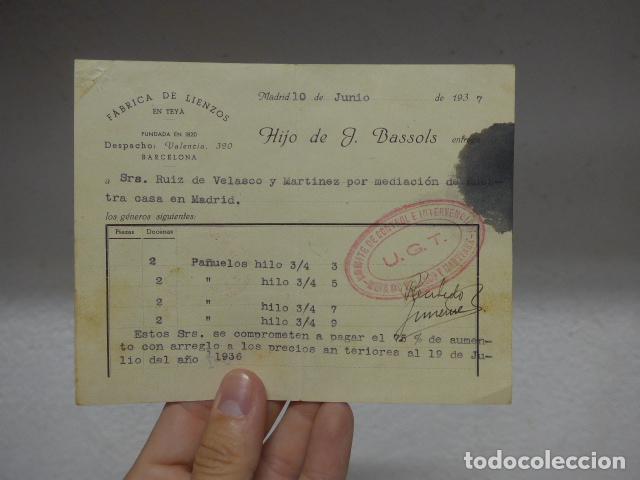 Militaria: Antigua factura republicana de UGT de 1937, Fabrica lienzos de Teya, Teia (Maresme), guerra civil