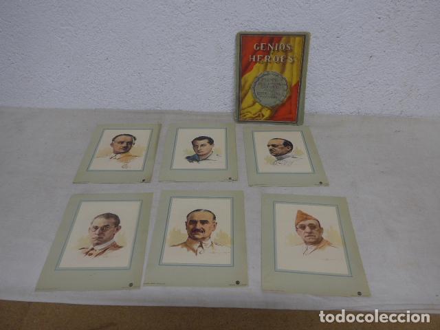 Militaria: Antigua carpeta completa de GENIOS Y HEROES de Guerra Civil, completa con sus 6 carteles, original
