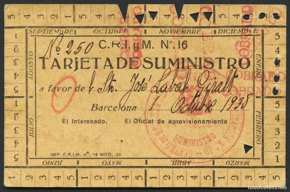 Militaria: GUERRA CIVIL, TARJETA DE SUMINISTROS, EJ&Eacute;RCITO POPULAR, C.R.I. y M. N&ordm; 16, 1938