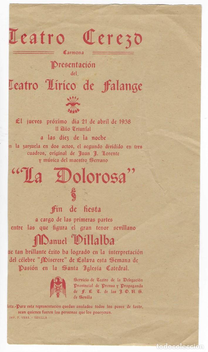 Militaria: CARMONA-SEVILLA.- TEATRO CEREZO- TEATRO LIRICO DE FALANGE,-MIDE, 22 X 12,50 C.M.- VER FOTO