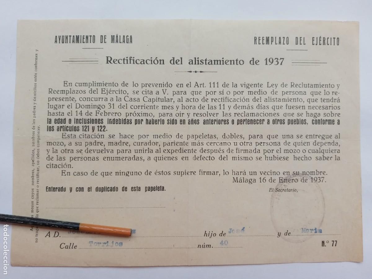 Militaria: GUERRA CIVIL - REEMPLAZO DEL EJERCITO : CITA PARA ALISTAMIENTO. MALAGA , 1937