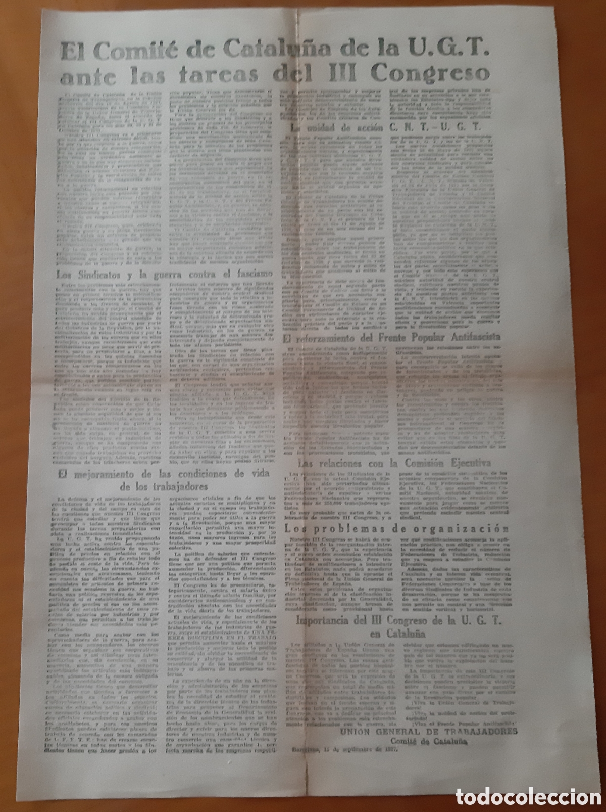 Militaria: C&aacute;rtel Guerra Civil. UGT Catalu&ntilde;a. Original, biling&uuml;e.