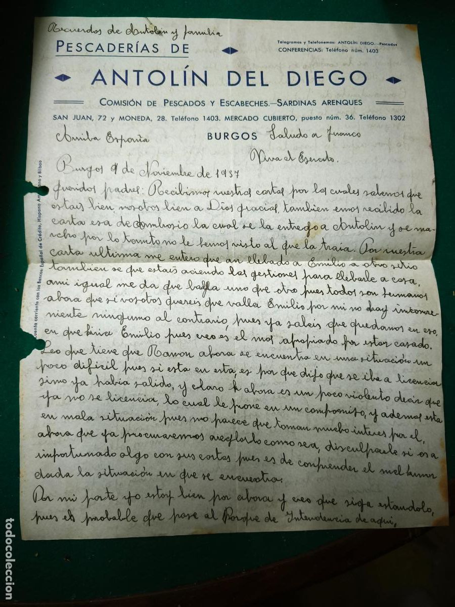 Militaria: Escrito de un soldado a su familia de Santander, desde Burgos. Noviembre de 1937