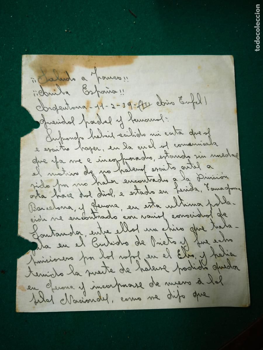Militaria: Escrito de un soldado a su casa de Santander desde Argentona. Febrero 1939