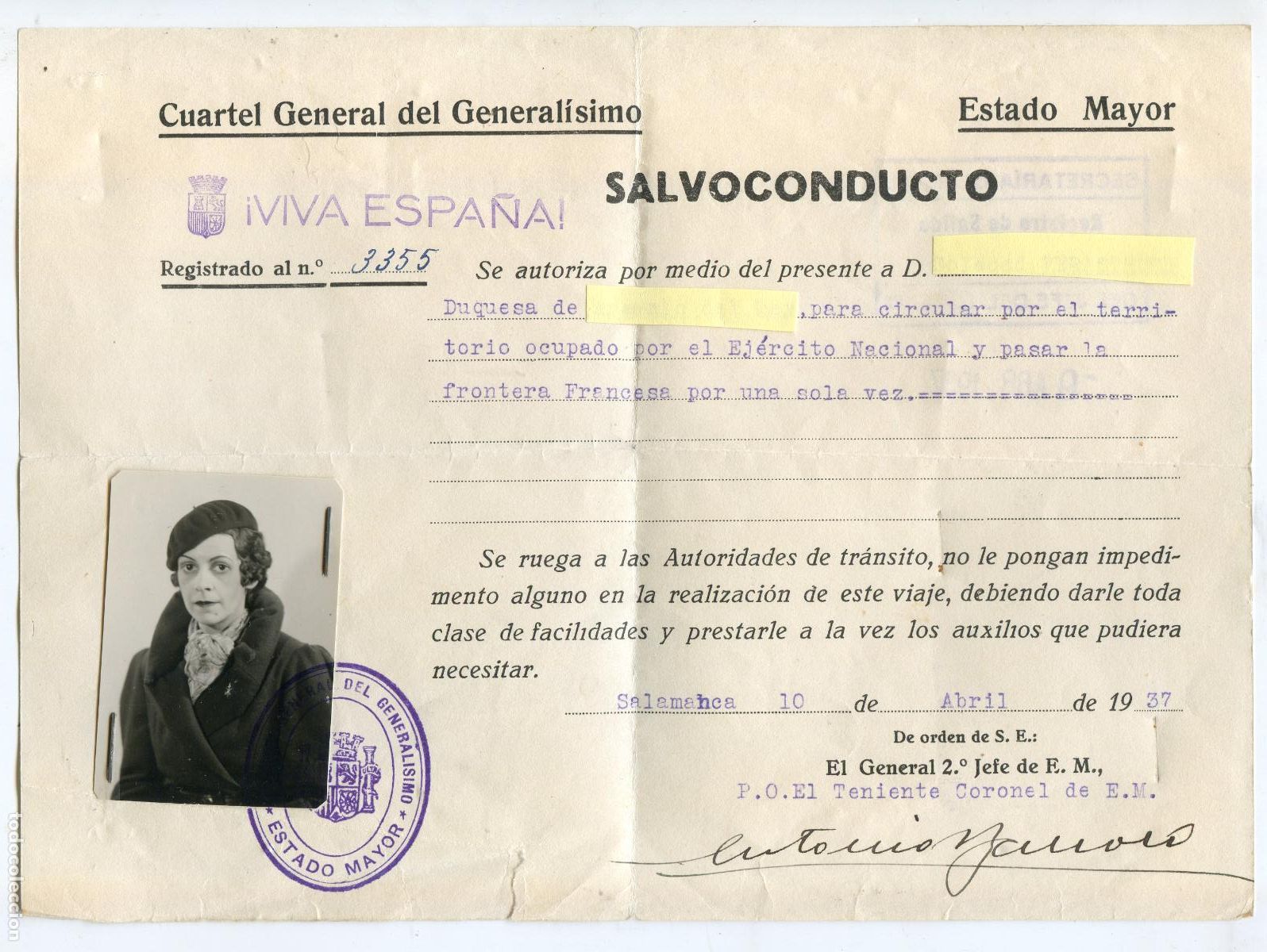 Militaria: Salvoconducto para pasar a Francia, a una duquesa, firma Antonio Barroso luego Ministro del Ej&eacute;rcito