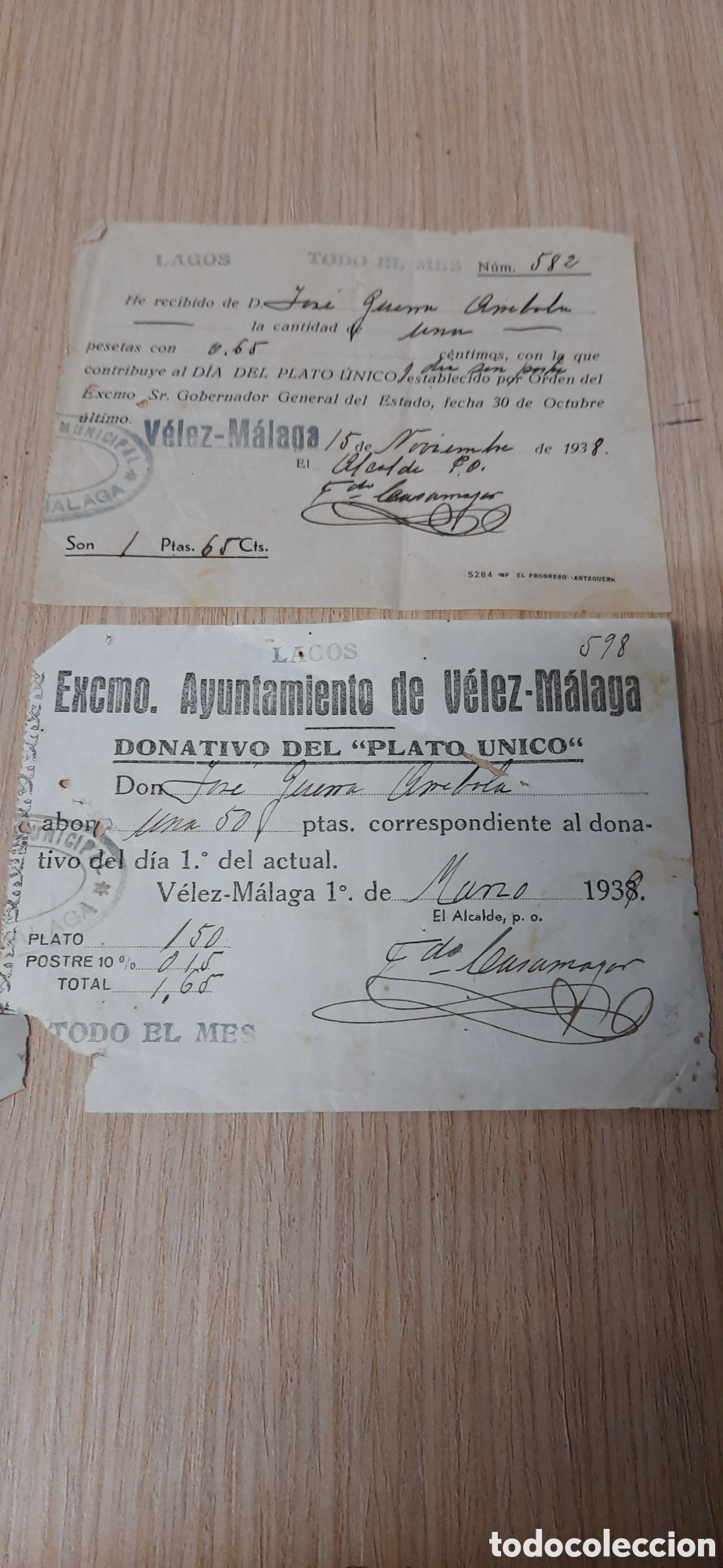Militaria: Dos papeletas para Plato &uacute;nico V&eacute;lez M&aacute;laga-lagos epoca 1938/39 guerra civil espa&ntilde;ola