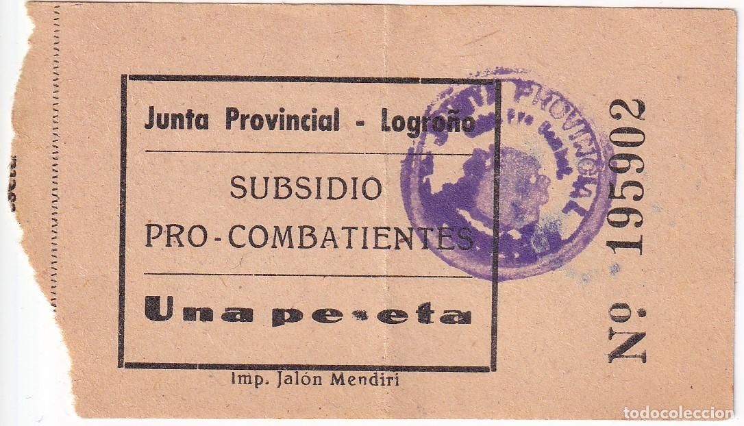 Militaria: RARA VI&Ntilde;ETA GUERRA CIVIL, 1 PESETA DE LA JUNTA PROVINCIAL DEL SUBSIDIO AL COMBATIENTE DE LOGRO&Ntilde;O