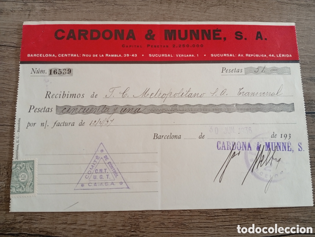 Militaria: Factura guerra civil anarquista CNT FAI.empresa colectivizada.comite de control.sindicato.milicias p