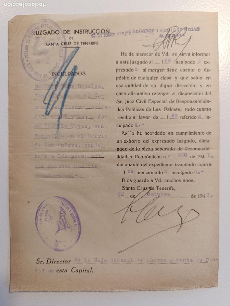 Militaria: GUERRA CIVIL. JUZGADO INSTRUCCI&Oacute;N SC TENERIFE-SOLICITUD INFORMACI&Oacute;N CUENTA 2 REPRESALIADOS POLITICO.