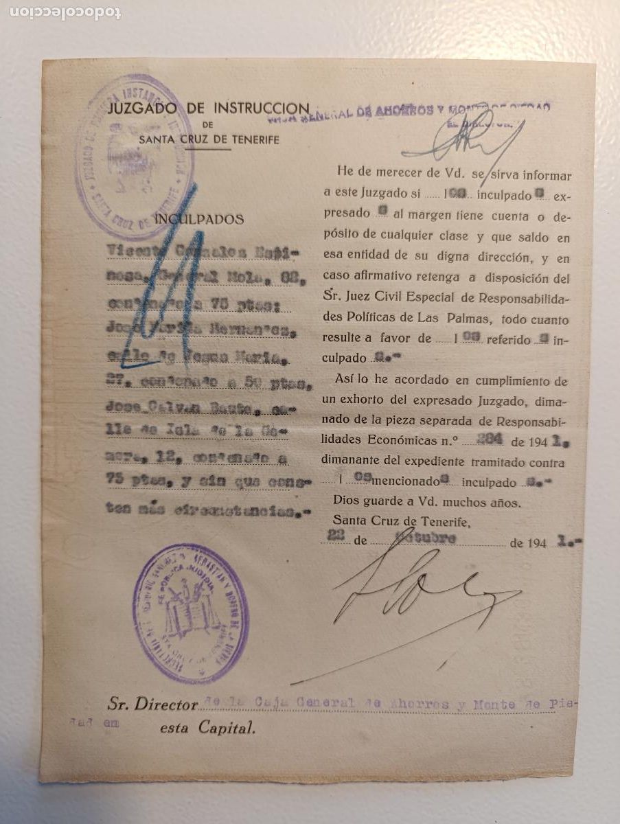 Militaria: GUERRA CIVIL. JUZGADO INSTRUCCI&Oacute;N SC TENERIFE-SOLICITUD INFORMACI&Oacute;N CUENTA 3 REPRESALIADOS POLITICO.