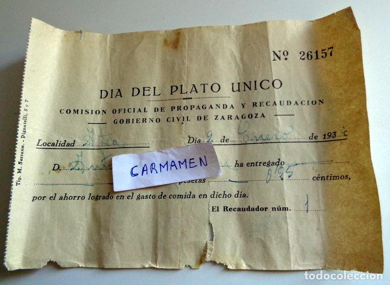 Militaria: RECIBO CONTRIBUCI&Oacute;N DIA DEL PLATO &Uacute;NICO - ATEA ZARAGOZA - Enero 1937 GUERRA CIVIL. GOBIERNO