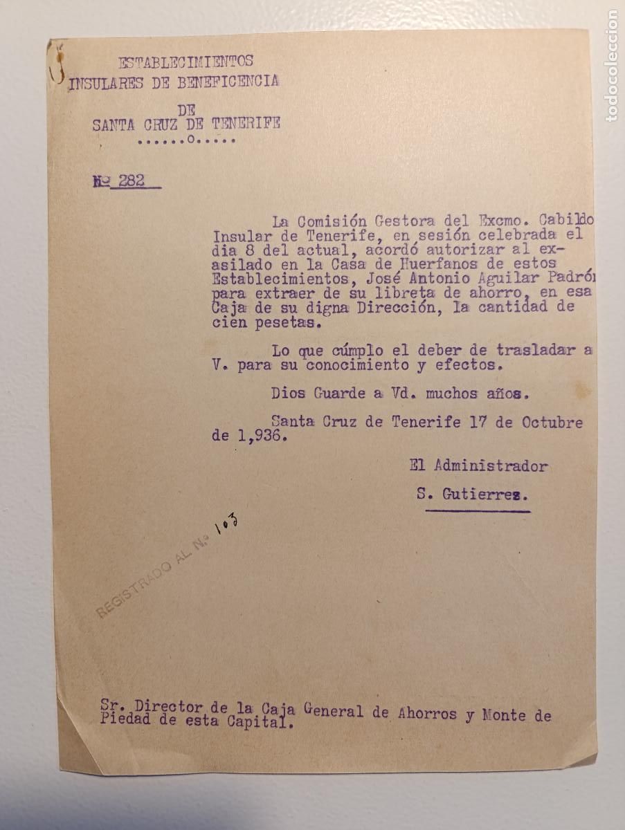 Militaria: 1936 GUERRA CIVIL. ESTABLECIMIENTOS INSULARES DE BENEFICIENCIA DE SANTA CRUZ DE TENERIFE.