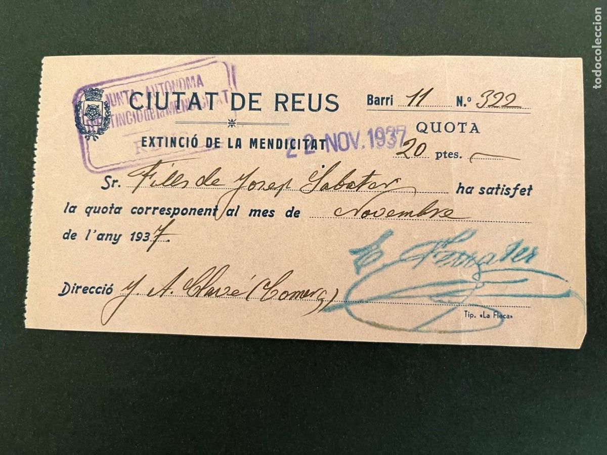 Militaria: Ciutat de Reus extinci&oacute; de la mendicitat 1937 guerra civil