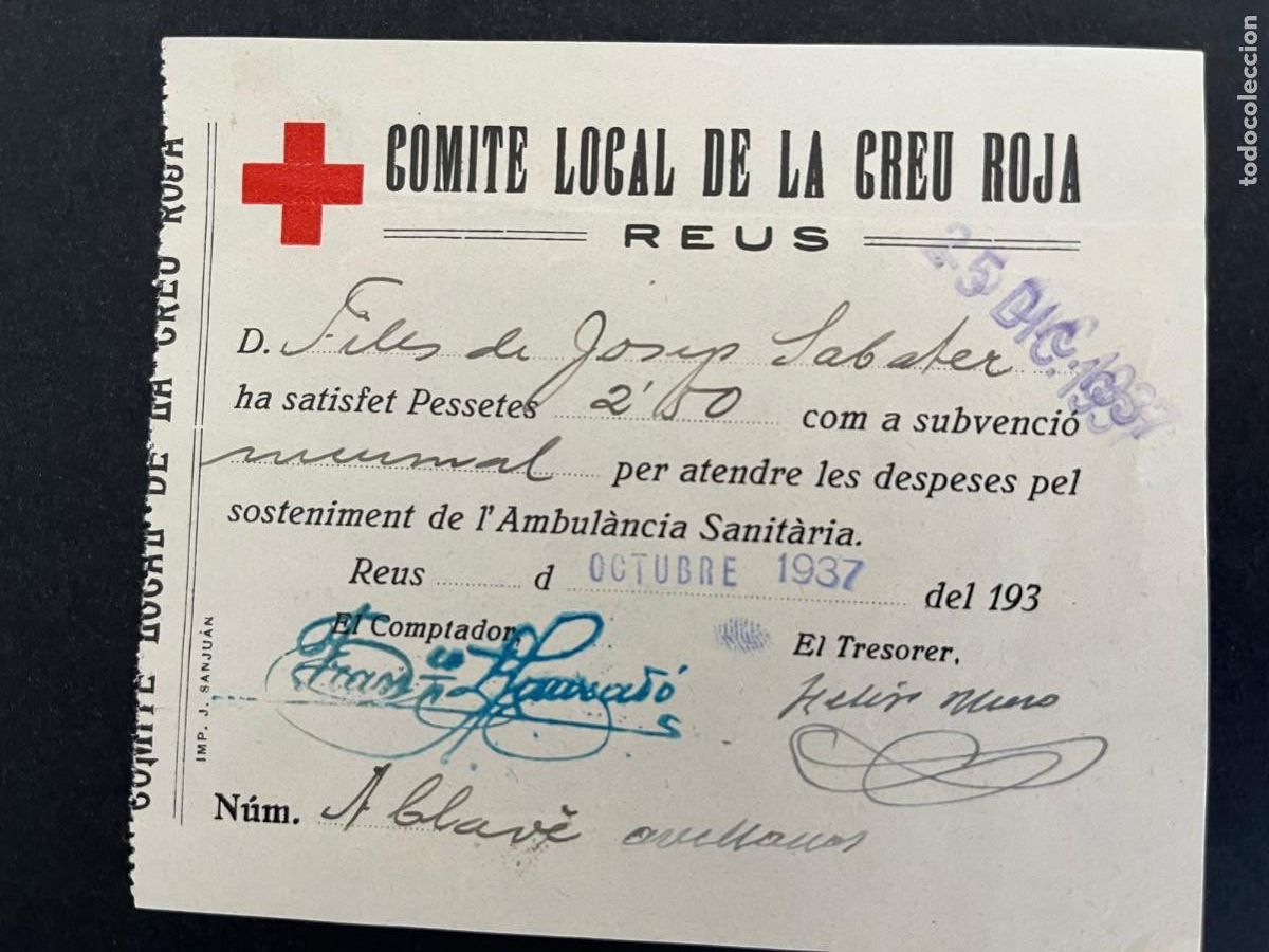 Militaria: Comite local de la Creu Roja Reus 1937 guerra civil