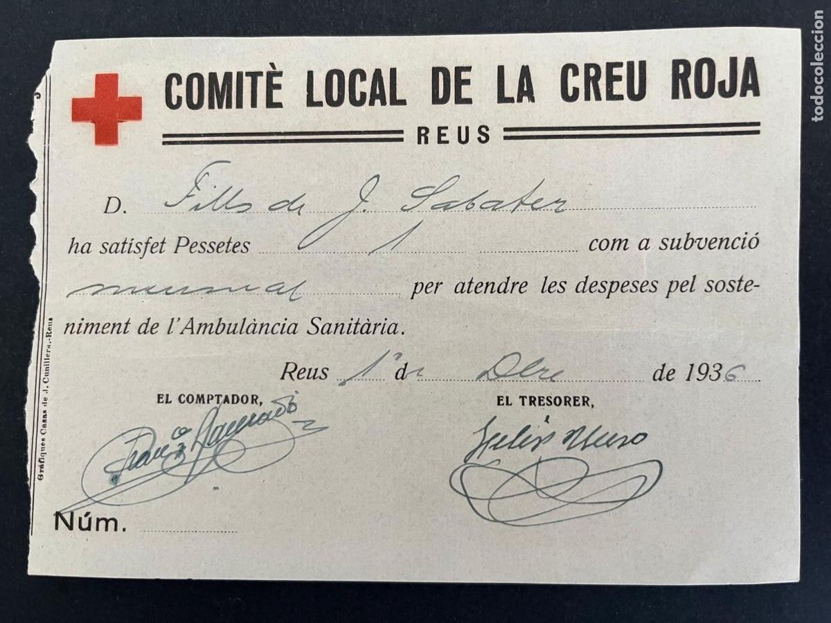 Militaria: Comit&eacute; Local de la Creu Roja Reus 12-1936 Guerra civil