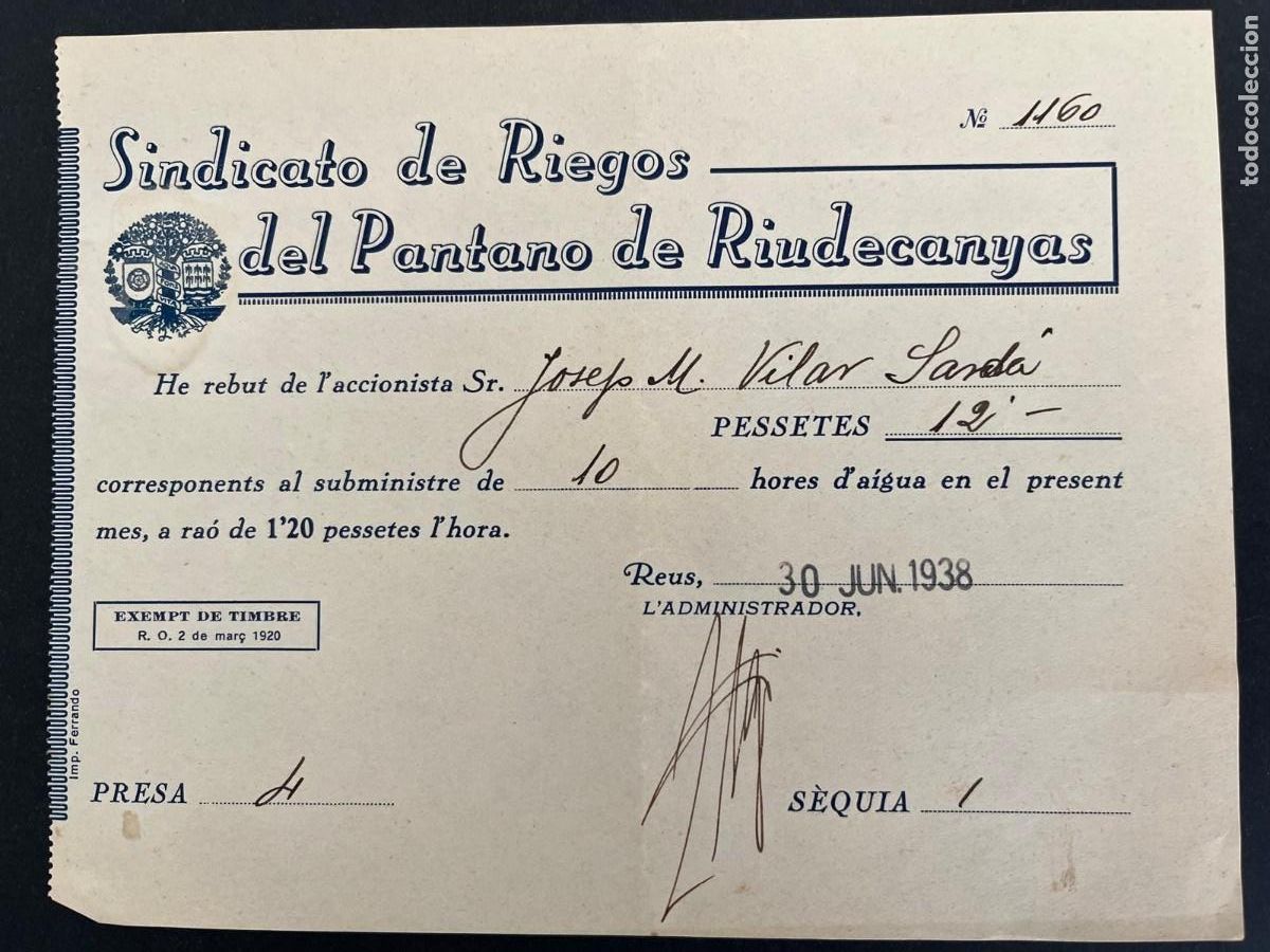 Militaria: Sindicato pantano de Riudecanyes Tarragona 1938 guerra civil