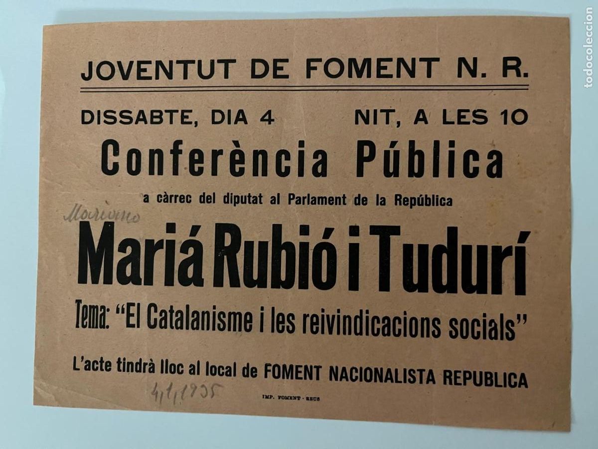 Militaria: Pamfleto Joventut de Foment N.R. Reus Mar&iacute;a Rubi&oacute; i Tudur&iacute; 1935