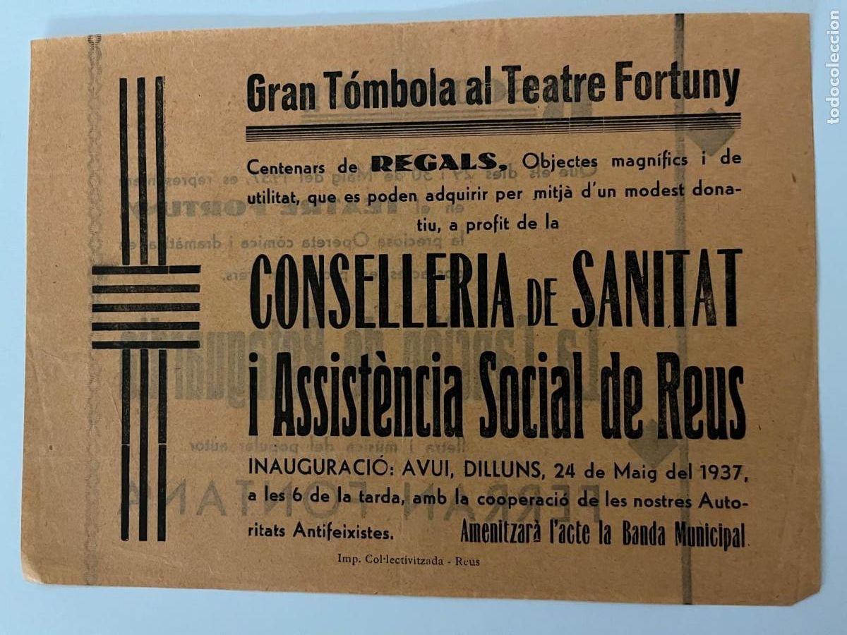 Militaria: Pamfleto 22x16 Teatro Fortuny donaciones Conselleria de Santitat 1937 Guerra civil
