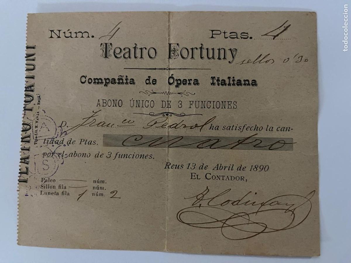 Militaria: Teatro Fortuny Reus abono 3 funciones 1890