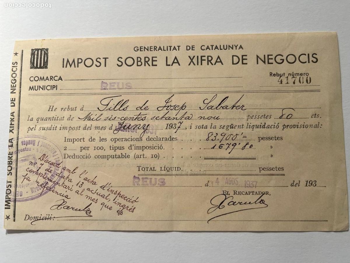 Militaria: Impost sobre la xifra de negocis Reus 1937 Guerra civil