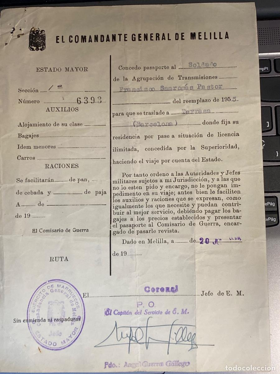 Militaria: PASAPORTE AL SOLDADO AGRUPACION TRANSMISIONES. 1957 COMANDANTE GENERAL DE MELILLA
