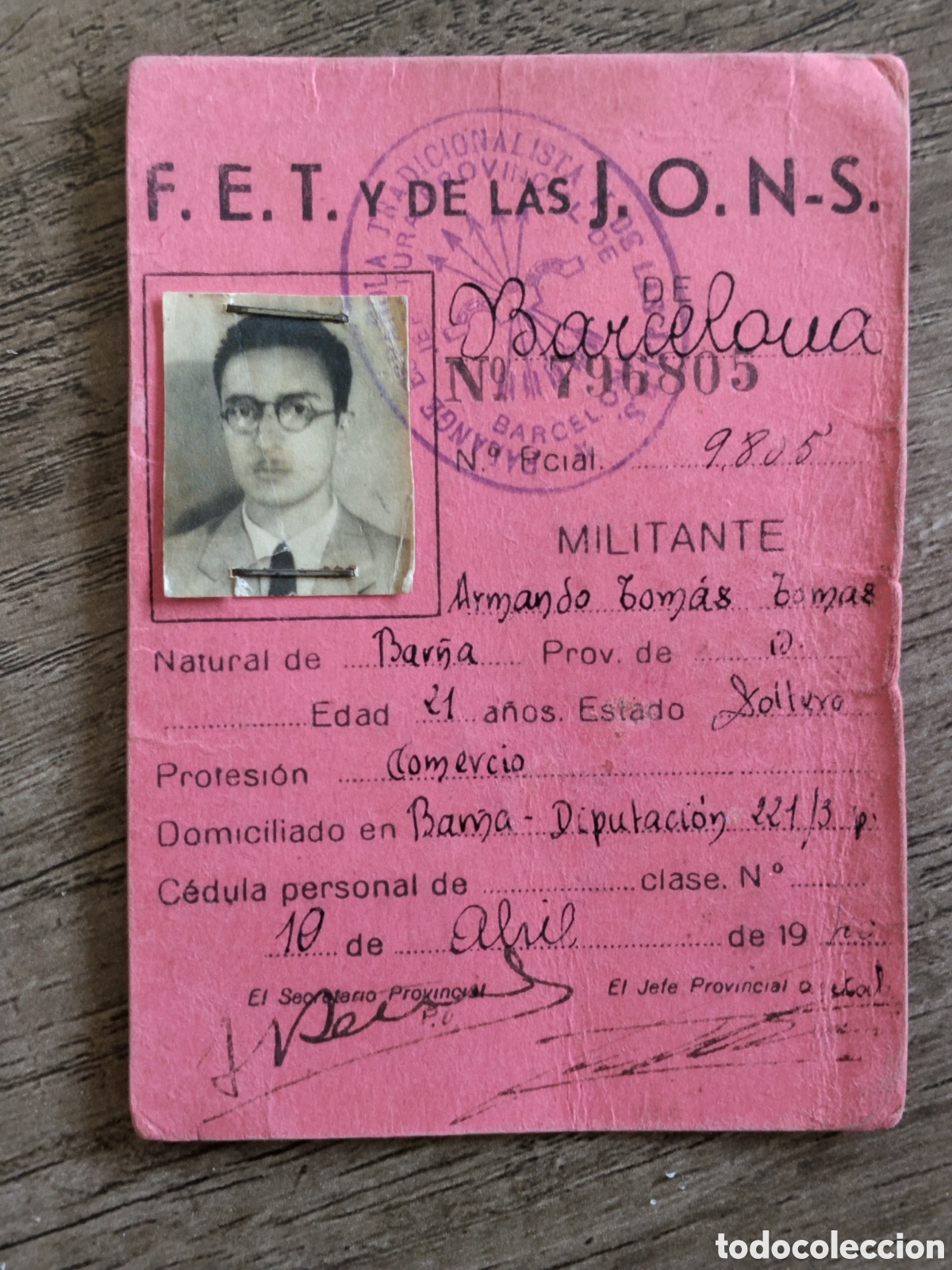 Militaria: Carnet Falange guerra civil 1938. Barcelona. Teniente de ingenieros.falangista.requete.patriotico.na