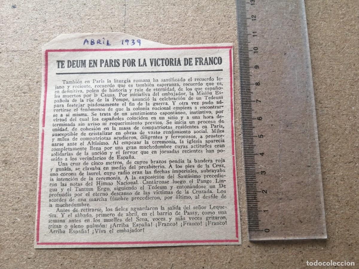 Militaria: ARTICULO DE PRENSA 1939. TEDEUM EN PARIS POR LA VICTORIA DE FRANCO
