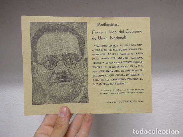 Militaria: Antigua octavilla original republicana de Guerra Civil: Antifascistas, todos al lado de Negrin, 1938